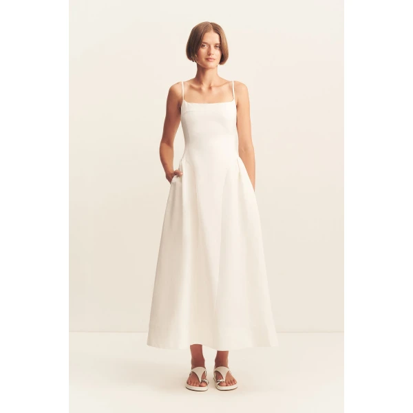 Square neck panelled midi dress in a premium linen blend in ivory.
