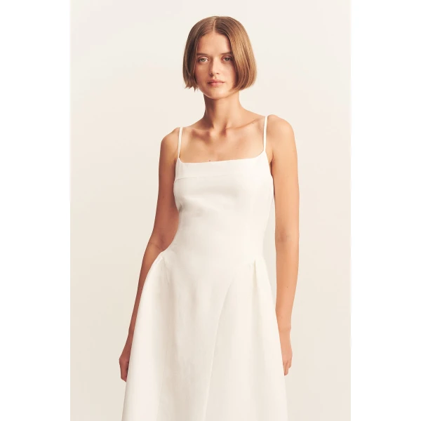 Square neck panelled midi dress in a premium linen blend in ivory.