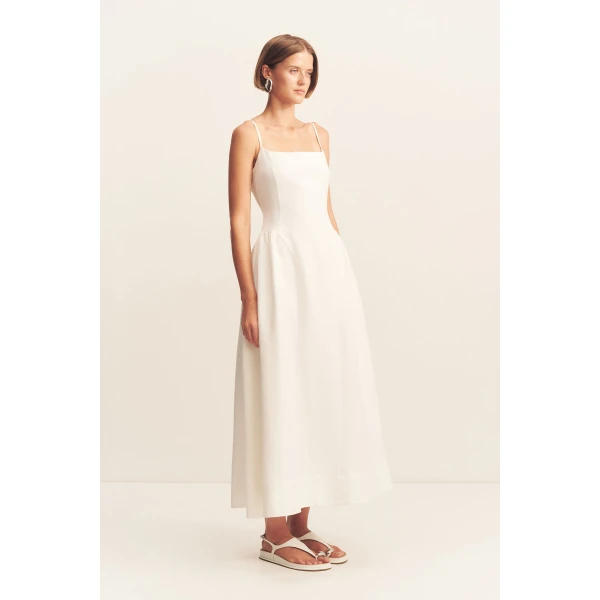 Square neck panelled midi dress in a premium linen blend in ivory.