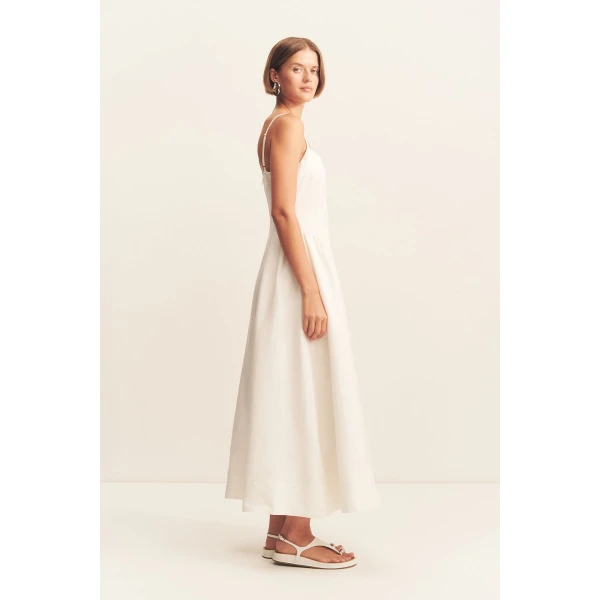Square neck panelled midi dress in a premium linen blend in ivory.