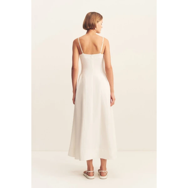 Square neck panelled midi dress in a premium linen blend in ivory.