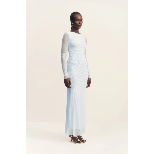 Gathered long sleeve maxi dress in sky in a sheer mesh.