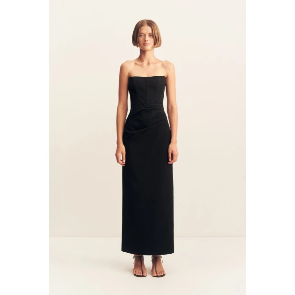 Strapless draped maxi dress with a panelled bodice in black in a textured ottoman viscose.