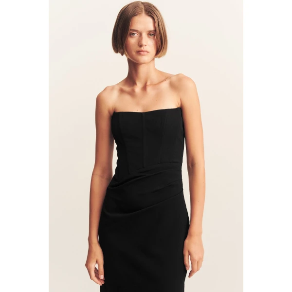 Strapless draped maxi dress with a panelled bodice in black in a textured ottoman viscose.