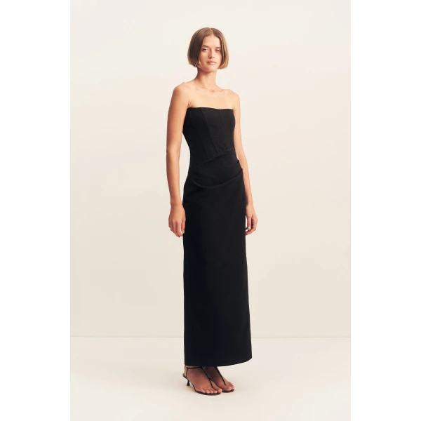 Strapless draped maxi dress with a panelled bodice in black in a textured ottoman viscose.
