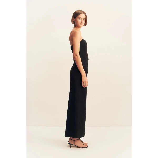 Strapless draped maxi dress with a panelled bodice in black in a textured ottoman viscose.