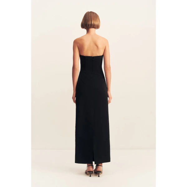 Strapless draped maxi dress with a panelled bodice in black in a textured ottoman viscose.