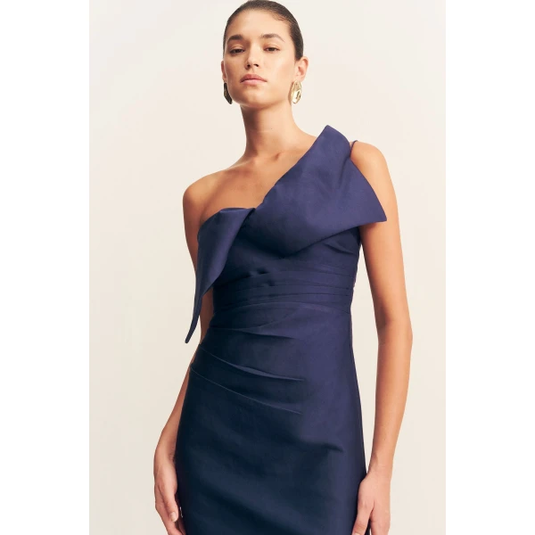 Twist knot mini dress in midnight in a luxurious cotton sateen blend.