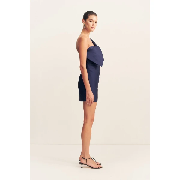 Twist knot mini dress in midnight in a luxurious cotton sateen blend.
