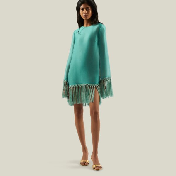 Luxury Taller Marmo dress in satin with feather trim – shop Luxury Shoes 