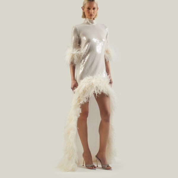 Luxury Taller Marmo dress in satin with feather trim – shop Luxury Shoes 