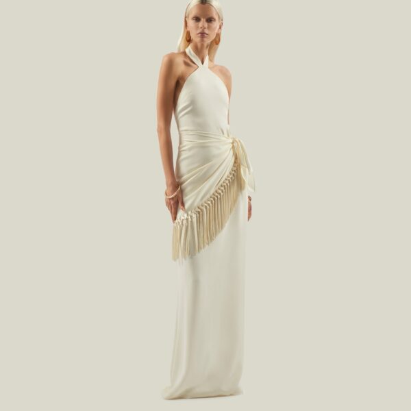 Luxury Taller Marmo dress in satin with feather trim – shop Luxury Shoes 
