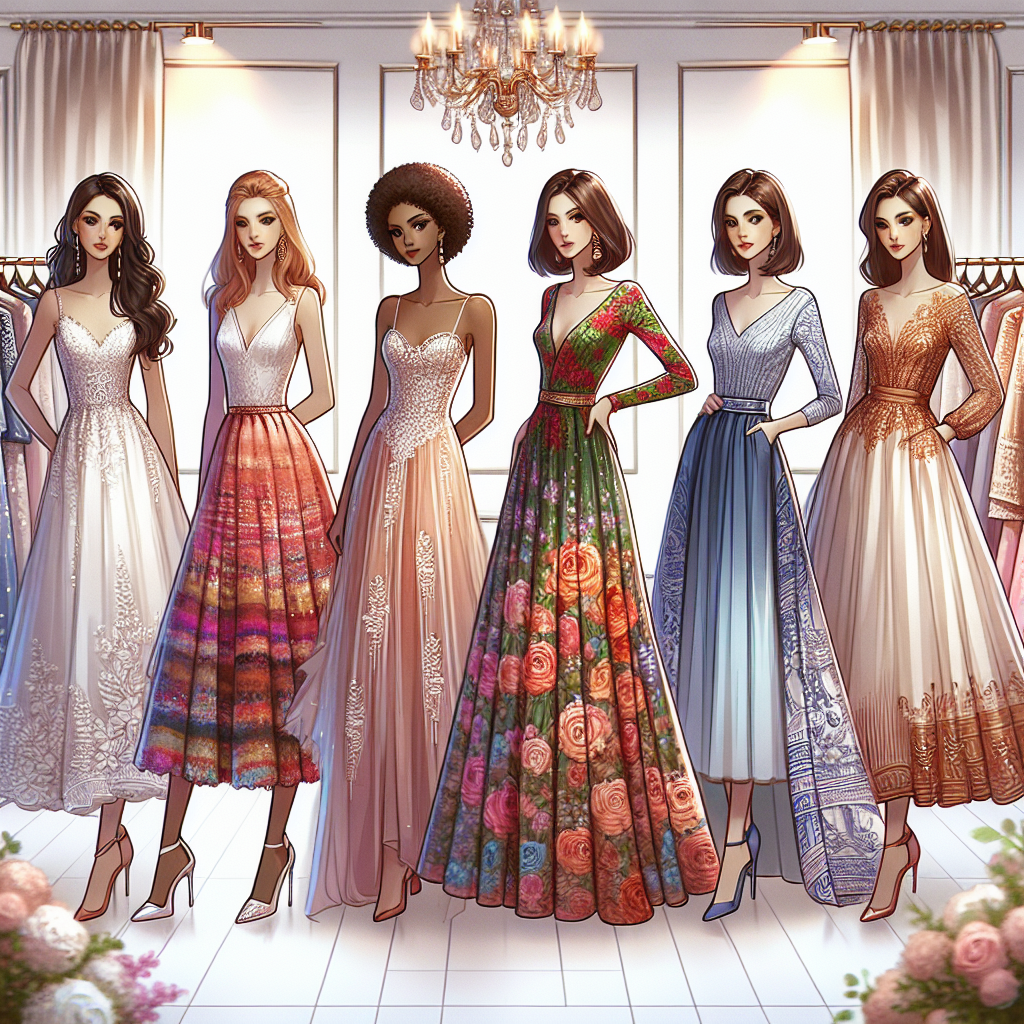 Find Must-Have Wedding Guest Dresses Effortlessly Imagine a selection of different styles of wedding guest dresses on display. From left to right have a chic cocktail dress traditionally worn by a Hispanic woman, a colorful floor-length gown suitable for a Black woman, a semi-formal dress ideal for a Middle-Eastern woman, a bohemian-style dress worn by a South Asian woman, and a classic A-line dress favored by a Caucasian woman. These dresses vary in color but they all capture the elegance and flair suited for a wedding. Place them against the backdrop of a boutique with soft, romantic lighting. Don't forget the detailed elements like floral patterns, ruffles, laces, and beadwork.