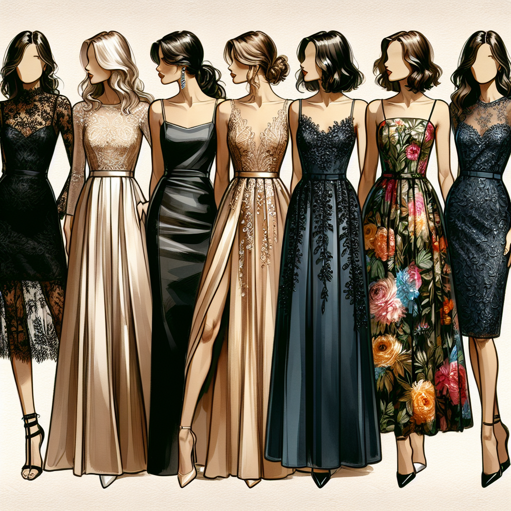 Visualize an array of elegant wedding guest dresses fit for a wide range of styles. Picture a stylish scene with five different dresses on display, each tailored for a unique fashion preference. The first is a sleek, black lace dress for the modern chic woman, the second a classic, luxurious satin gown in champagne for the timeless classic woman. Third is a vibrant floral maxi dress for the bohemian akin. Fourth is a tailored, knee-length cocktail dress in navy blue for the minimalist, and lastly a bright, sequined party dress for the dazzling extrovert woman.