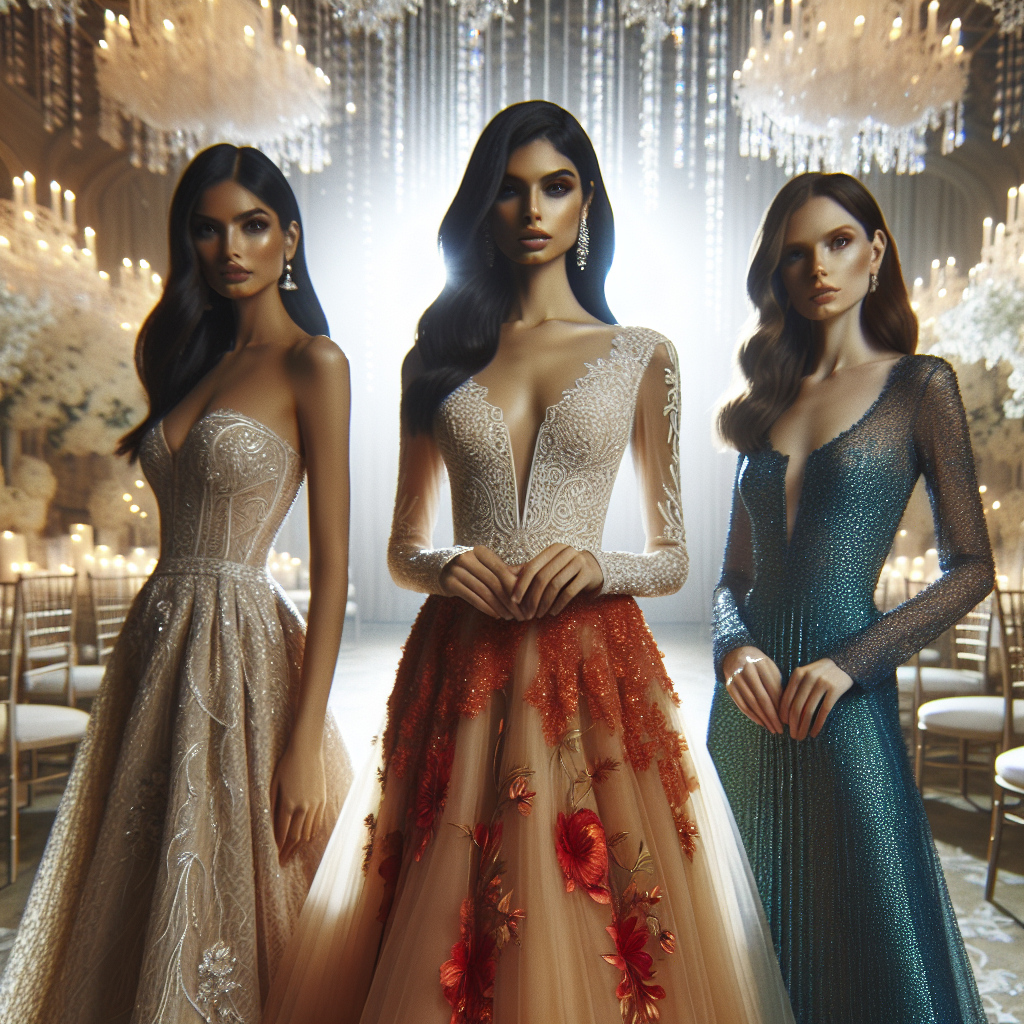 Envision an elegantly set wedding venue with light-filled, sumptuous decorations. In this beautiful setting, focus on three women wedding guests of varying descents: a South Asian woman, a Hispanic woman and a Caucasian woman. Each of them is wearing a stunning, uniquely styled wedding guest dress that demonstrates individuality, fashionable taste, and occasion-specific elegance. The South Asian woman's dress gracefully incorporates traditional elements, the Hispanic woman's gown mesmerizes with vibrant colors, and the Caucasian woman captivates in a modern minimalist elegance. Allow the fabrics to flow and glitter to catch the light, creating a stunning visual that are perfect for a wedding guest.