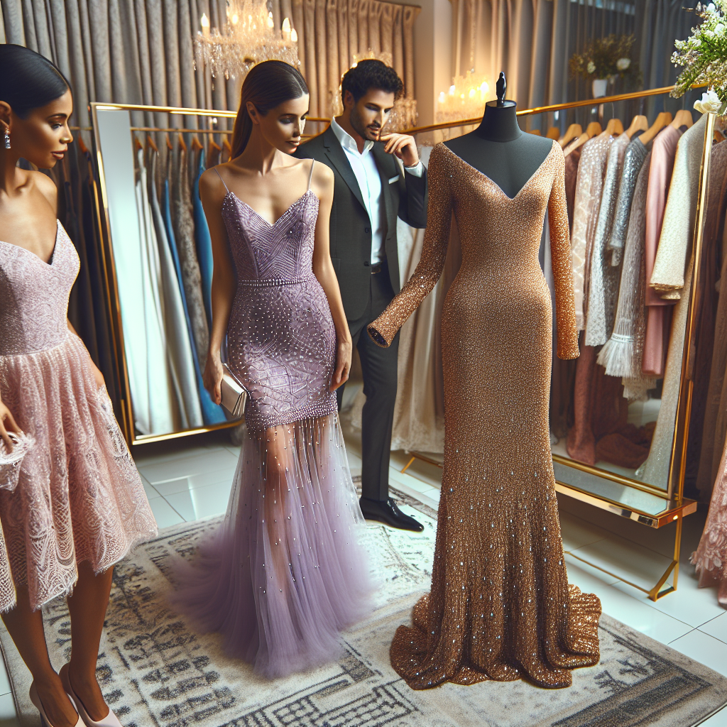 Find Must-Have Wedding Guest Dresses Easily Imagine an array of popular choices for wedding guest dresses arranged in a boutique. On the left, a chic Middle-Eastern woman admiring a lavender-colored cocktail dress embellished with tiny pearls. On the right, a Caucasian man holding opulent gold sequinned floor-length gown, perfect for an evening wedding. In the center, a Black woman examining a pastel pink lace dress, ideal for a day wedding. The boutique has a tasteful decor with warm lighting, full-length mirrors, and soft plush carpeting. Capturing the essence of how it feels to find a must-have wedding guest attire.