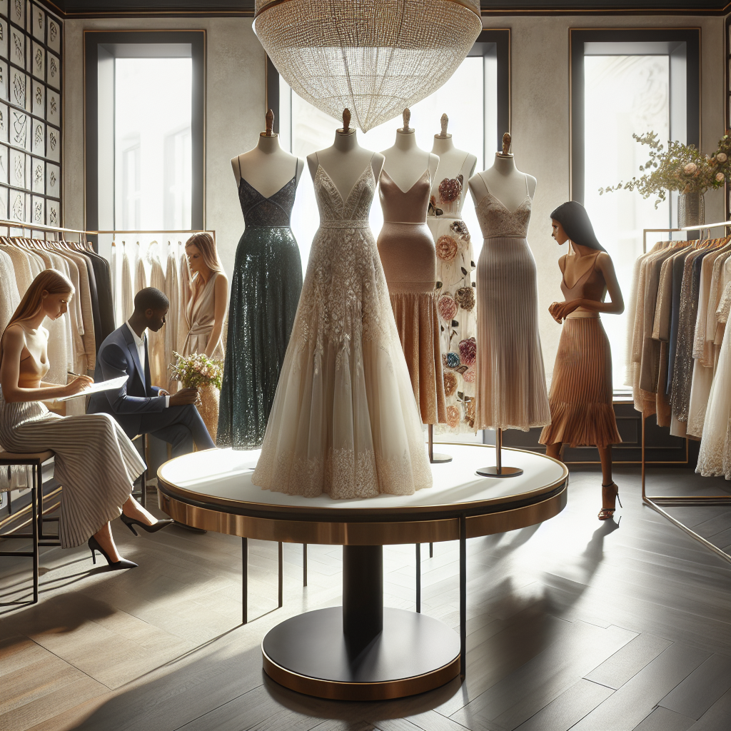 Find Stunning Wedding Guest Dresses Easily Create an image that depicts the interior of a sophisticated clothing boutique. In the forefront, put a round table displaying a dozen of meticulously arranged wedding guest dresses in different styles and colors. Highlight a beautiful, flowing maxi dress made of soft silk with exquisite lace detailing. To the right, showcase an elegant, tight-fitted midi dress with a shimmering sequin pattern. On the left, highlight a bohemian-inspired mini dress with floral embroidery. Create a thoughtful blend of modern and traditional styles. Add in customers of various descents, both male and female, thoughtfully browsing through the collection, selecting the dresses that catch their eye.