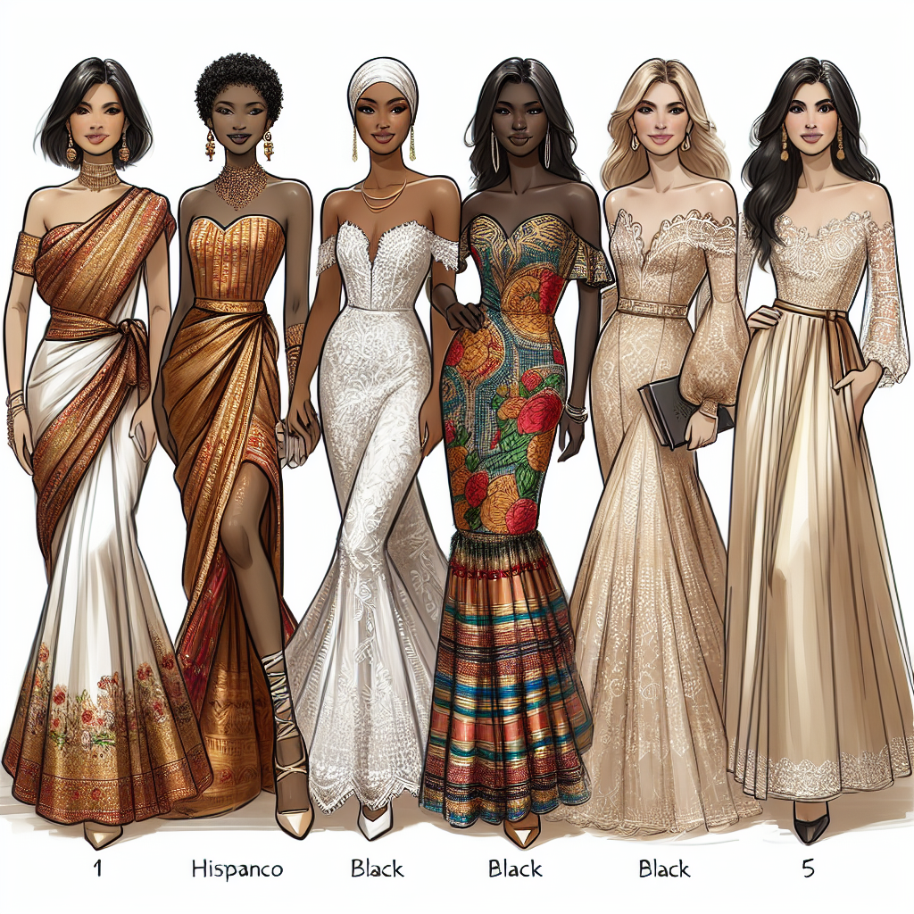 Draw a charismatic scene of 5 women of different descents showcasing formal wedding guest dresses. From left to right, the sequence is as follows: a South Asian woman wearing a sari-teased gown with stunning embroidery; a Hispanic woman donning an elegant off-shoulder dress with flamenco-inspired frills; a black woman dressed in an African-print maxidress that gracefully drapes the floor; a White woman in a sophisticated lace dress in champagne hue; and finally, a Middle-Eastern woman in a floor-length dress adorned with modest beadwork. Each displaying individuality through their attires.
