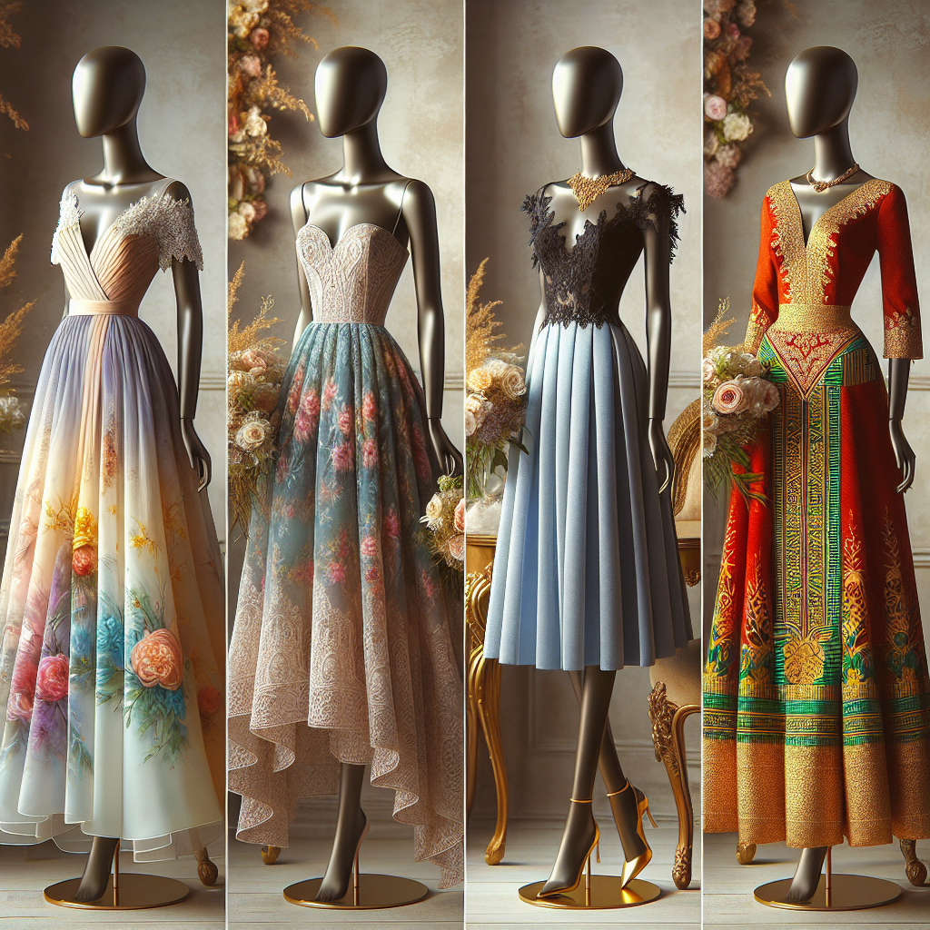 Four wedding guest dresses displayed on mannequins. The first one is a flowing silk A-line dress with pastel hues, gracefully capturing the colors of a summer sunset; meant for a Caucasian woman. The second shows a sleek, knee-length black lace dress, balanced with delicate floral patterns, representing an elegant choice for a Hispanic woman. The third is a vibrant Ankara print midi dress, radiating energetic African aesthetics, suited for a Black woman. The last one is a beautiful red saree with golden embroideries, representing a traditional South Asian attire. A beautiful flower arrangement completes the scene.