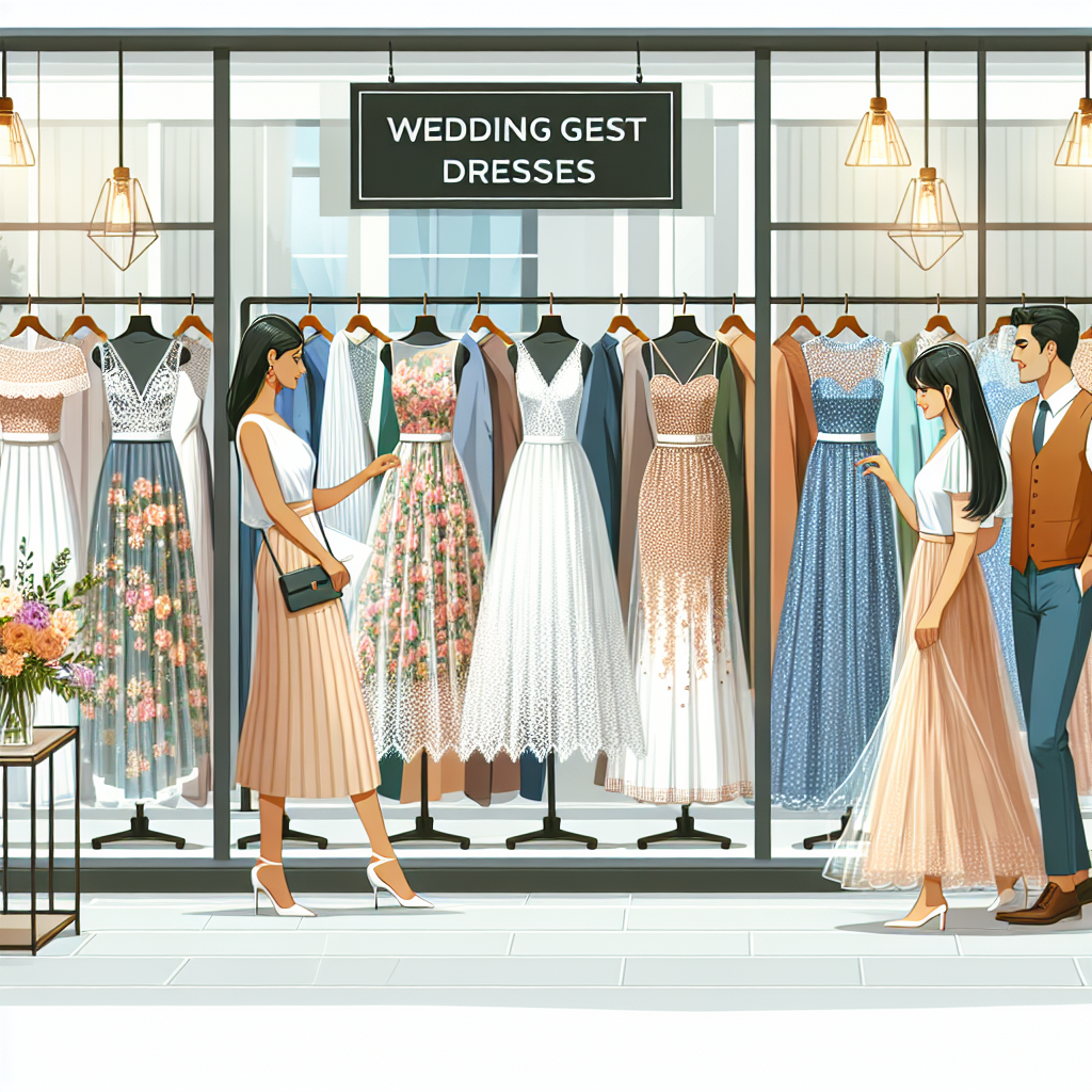 Depict a well-lit boutique lined with diverse racks of stunning wedding guest dresses. The dresses represent a variety of styles and colors, perfect for guests attending different types of weddings. Include details such as a lace sheath dress, a floral print maxi dress, an elegant jumpsuit, and a classic cocktail dress. Show a South Asian woman and a Hispanic man examining the collection, both visibly pleased with the selection. The shop signage reads 'Wedding Guest Dresses' with an arrow pointing to the display. Outside the shop, a sign indicates 'Local Boutique'.