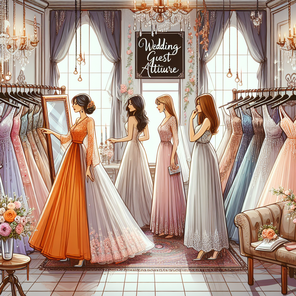 Where to Buy Stunning Wedding Guest Dresses Illustrate an enchanting scene of a boutique filled with exquisite wedding guest dresses. Many racks are adorned with varying styles of dresses - from long flowy gowns in pastels to cocktail dresses with intricate embellishments. There's a Middle-Eastern woman in a vibrant orange dress admiring her reflection in the mirror, while a Caucasian woman is browsing through the racks alongside an Asian woman. The decor of the store contributes to its charm with soft lighting, vintage furniture, and delicate floral arrangements placed strategically. The boutique's stylish sign notes 'Wedding Guest Attire' in elegant script.