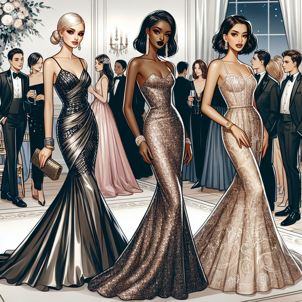 Discover Stunning Black Tie Wedding Guest Dresses Create an attractive image of a high-fashion black tie wedding ceremony. Illustrate a scene where the guests are each adorned with unique, stunning dresses. A foreground of 3 diverse women: one Hispanic woman wearing a glamorous, floor-length satin gown; one black woman draped in a chic, sequined mermaid dress; and one South Asian woman sporting an intricate lace dress. The background should depict other guests in sophisticated dress, the wedding decor, and an overall ambiance of elegance.