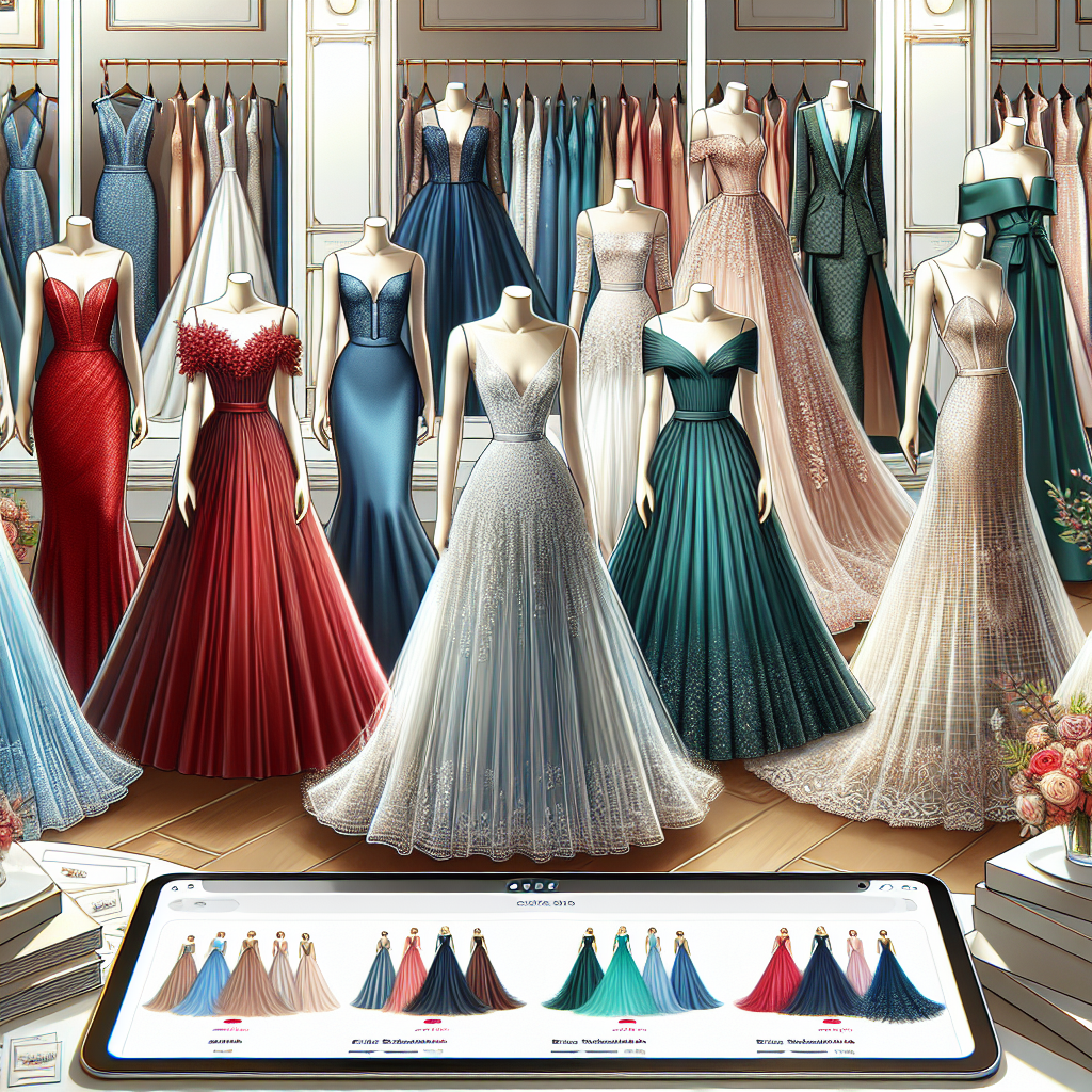 An image depicting an array of exquisite wedding guest dresses laid out for display. The scene is set in an elegant online fashion store setting, with a sleek user interface. The dresses come in varying styles, including A-line, mermaid, empire, and column silhouettes, showcasing diversely designed dresses for different body types. The dresses range in color from vibrant shades of red, blue, and green, to pastels and classic neutrals for a full spectrum of options. Each dress screams sophistication and style, perfect for a gala wedding event. In the background are tags indicating pricing and sizing, with options for online purchase.