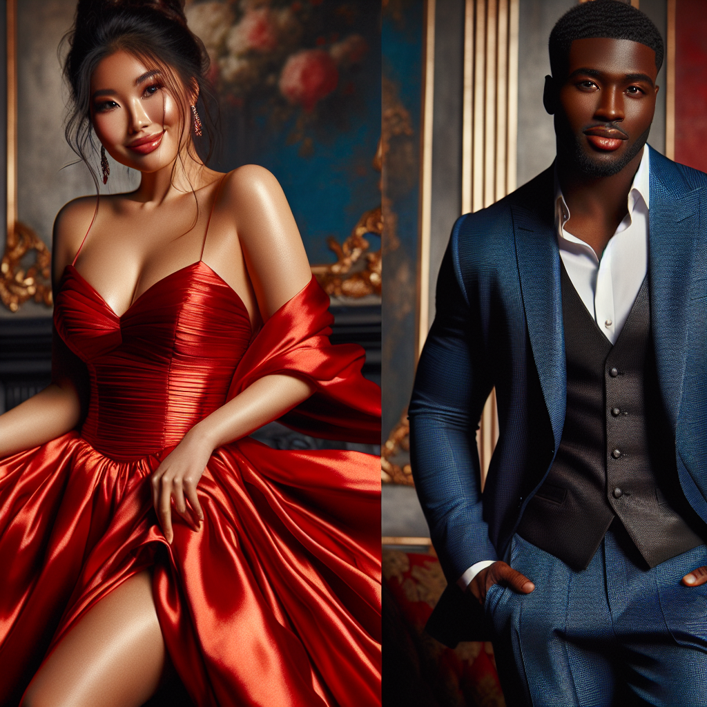 A vibrant scene of two confident, elegantly dressed individuals. The first is a plus-sized Asian woman wearing a stunning red silk gown that cinches at the waist, showing off her curves. The fabric falls elegantly to the floor, catching the light and shimmering with every movement she makes. Her hair is styled into a graceful updo, and she smiles warmly. The second person is a plus-sized Black man looking dapper in a dark blue three-piece suit, exuding an air of effortless elegance. Both individuals are standing in an opulent setting that enhances their regal attire. This image captures the beauty of plus-size fashion.