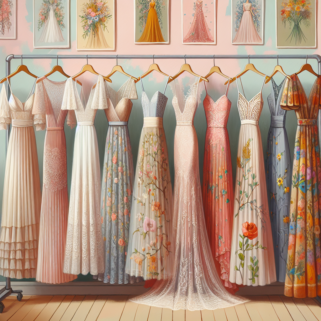 Imagine an array of beautiful and affordable wedding guest dresses. On a rack against a pastel painted wall, you see dresses of varying lengths, styles, and colors. From delicate mid-length lace dresses in pastel hues to vibrant, long, flowing maxi dresses with intricate details. There are dresses for a formal wedding: sleek and sophisticated with clean lines, and dresses perfect for a garden wedding: playfully floral and whimsically patterned. Each dress shows that you don't have to sacrifice style for affordability when attending a wedding. The material looks high-quality, the cuts flattering, demonstrating that being a guest at a wedding can also mean being a showstopper.