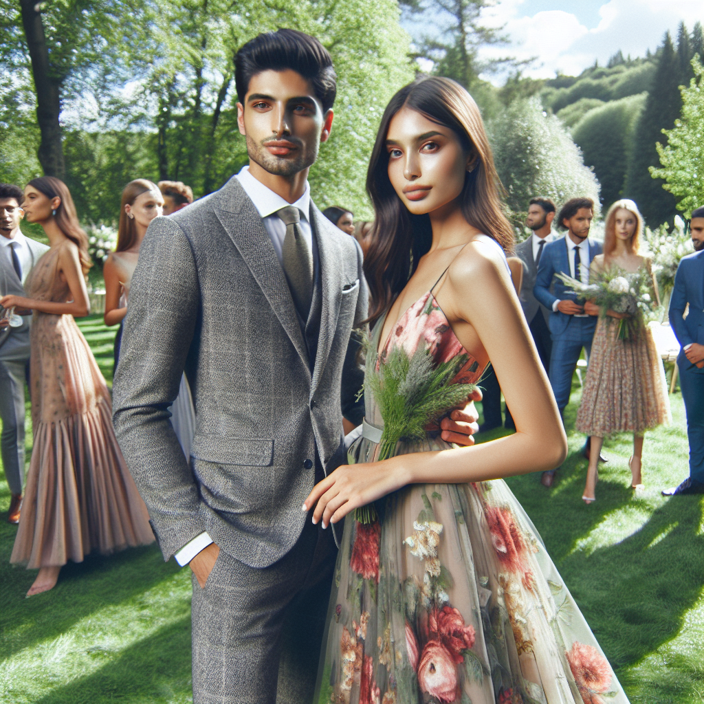 Visualize a summer outdoor wedding scene, with nature's greenery adding a gorgeous backdrop. Focus on the guests, specifically, a Middle-Eastern man in an elegant grey suit and a Hispanic woman wearing a beautiful floral dress characterizing the essence of summer. Show how they effortlessly stand out due to the exceptional quality of their attires, with elements like fabric texture and design details particularly emphasized. Include diverse group of guests in the background, appreciating and observing their stunning clothes. Ensure to create an atmosphere of celebration and joy.