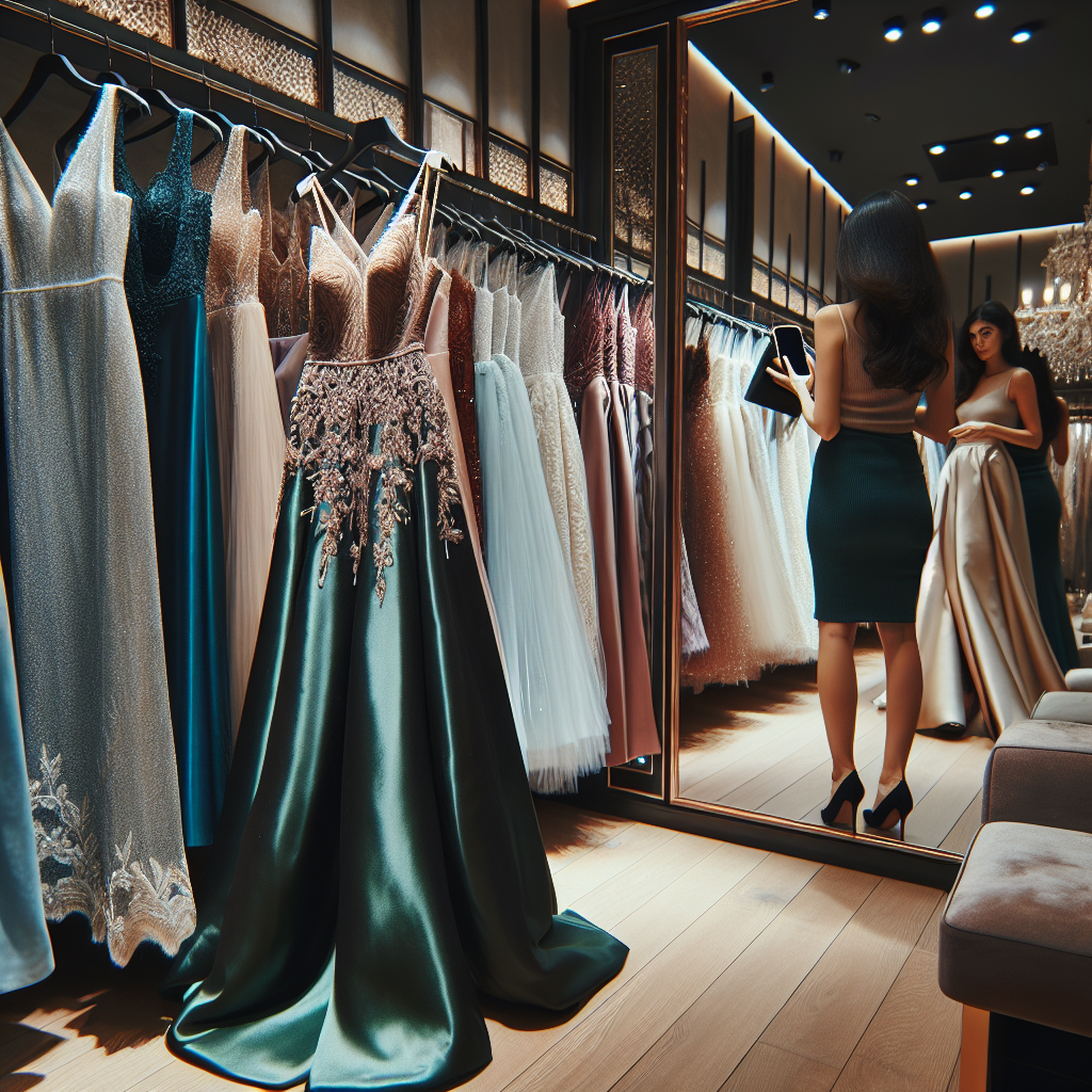Find Stunning Wedding Guest Dresses In Person Captivating wedding guest dresses hung on racks in a luxurious boutique. Gowns of various colors, lengths, and fabrics. South Asian woman trying on a long, silk emerald dress with intricate beadwork, reflected in a full-length mirror. A Middle-Eastern woman holding up a champagne-colored cocktail dress with delicate lace details, contemplating. A black female sales assistant offering suggestions, holding a hanger with a royal blue satin dress. The ambiance of the store is calm and inviting with warm lighting and elegant decor.