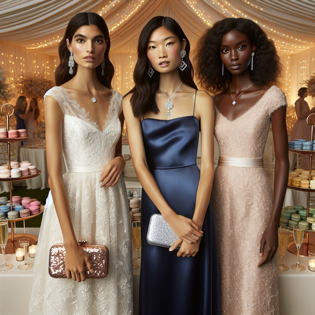 Find Stunning Guest Wedding Dresses Easily Visualize a diverse array of women looking elegant in guest wedding dresses. Start with three women standing together, a Hispanic woman in a knee-length, pearl white lace dress with a rose gold sequin clutch, an Asian woman gracing a floor-length, navy blue silk dress with a silver pendant necklace, and a Black woman wearing a tea-length, blush pink chiffon dress with polished diamond-shaped pearl earrings. They each have exquisitely styled hair and subtle makeup, reflecting their individual personalities. In the background, cream-colored marquees twinkle with fairy lights, creating a magical matrimonial vibe. Multi-level trays of colorful macarons and champagne flutes catch the soft light, adding to the festive ambiance.