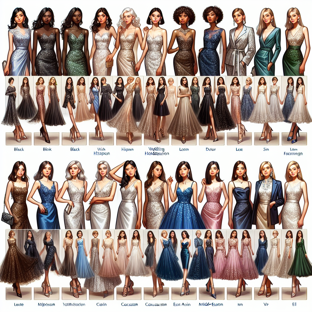 Exclusive Guide: Best Dresses for Wedding Guests A comprehensive visual guide showcasing a variety of dress styles suitable for wedding guests. The collection includes several diverse models from different ethnic backgrounds such as Black, Hispanic, South Asian, Middle-Eastern, Caucasian, and East Asian women, each adorned in a glamorous dress. The dresses range from elegant floor-length gowns to chic cocktail dresses in various colors and fabrics, incorporating elements like lace, satin, and intricate beading.Also, the image includes tips on matching accessories and footwear.
