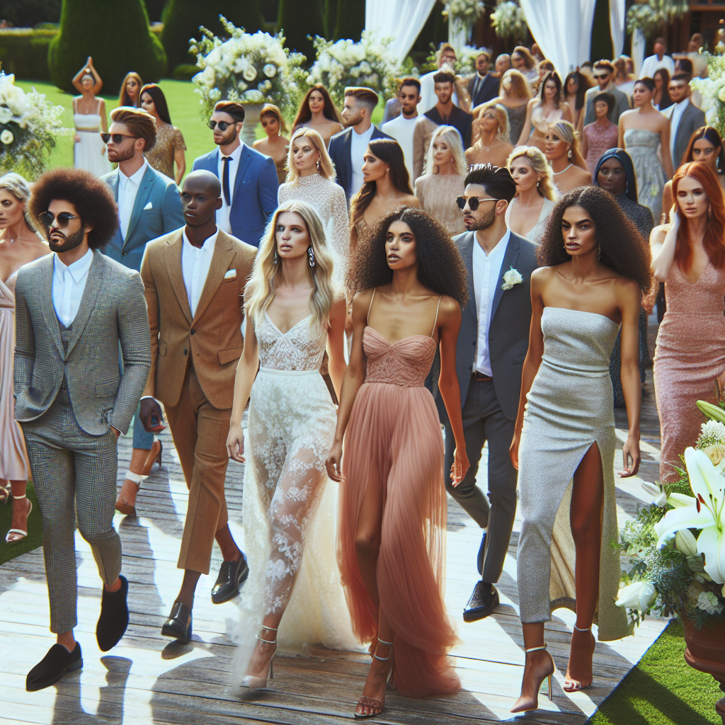 Find an expansive outdoor wedding scene with diverse attendees. Focus on the sartorial choices of the guests, showcasing a variety of fashionable wedding guest dresses. Have men and women of different descents like Caucasian, Hispanic, Black, Middle-Eastern, South Asian walking towards the wedding venue. The weather is bright and sunny, and the location is a beautifully decorated garden with white lilies and roses. Depict a sense of joy, celebration, and elegance prevalent in the atmosphere.