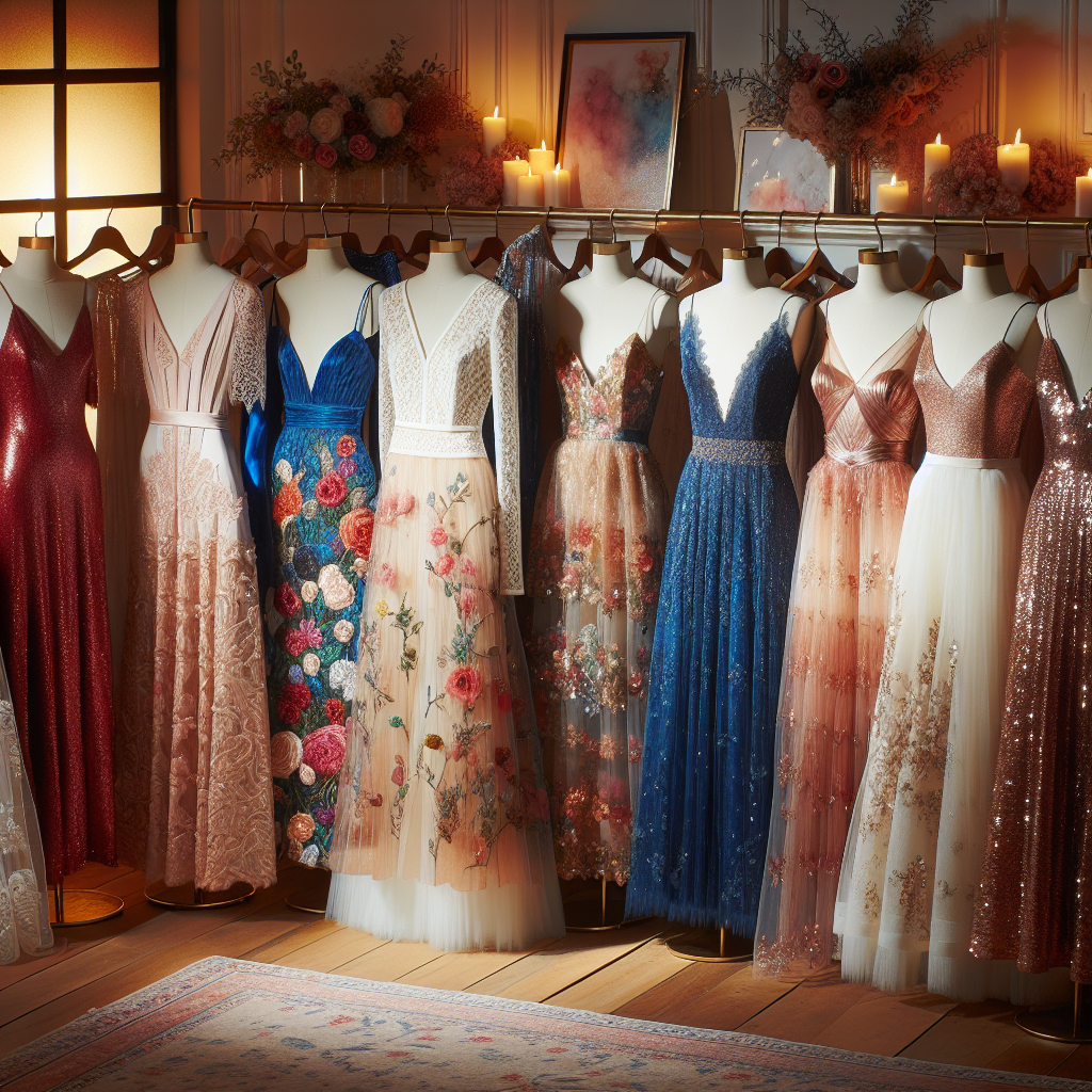 Affordable Wedding Guest Dresses: Must-Have Styles A boutique display featuring an array of affordable wedding guest dresses. Each dress has a unique style and design, embodying a variety of fashion trends. There are long maxi dresses with detailed lace patterns, chic midi dresses with bold floral prints, and elegant mini dresses adorned with sequins. Some are rich in vibrant colours like royal blue and ruby red, while others present softer shades such as pastel pink and champagne gold. The scene is beautifully lit, portraying an inviting atmosphere for the prospective wedding attendees seeking both style and affordability.