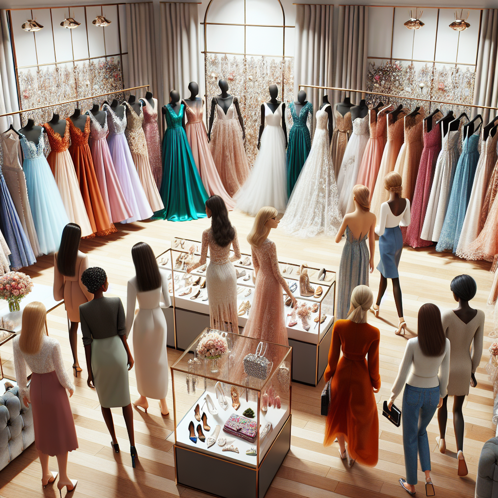 Visualize a well-lit, elegant boutique filled with a variety of stunning wedding guest dresses. The dresses vary in lengths, materials, and colors, ranging from cocktail dresses in rich jewel tones, flowing chiffon gowns in pastel hues, luxurious satin midis, intricate lace sheaths, to sequinned mini-dresses. Some are hung on beautiful satin hangers while others showcase on mannequins. Displayed alongside the dresses are finely-crafted, matching accessories including bejeweled clutches, sophisticated shoes, and intricate hairpieces. Several customers of diverse ethnic backgrounds (White, Asian, Hispanic, Black, Middle-Eastern) and genders (male, female) are exploring the store, admiring the dresses and trying them on. The overall atmosphere suggests excitement and anticipation for an upcoming wedding event.