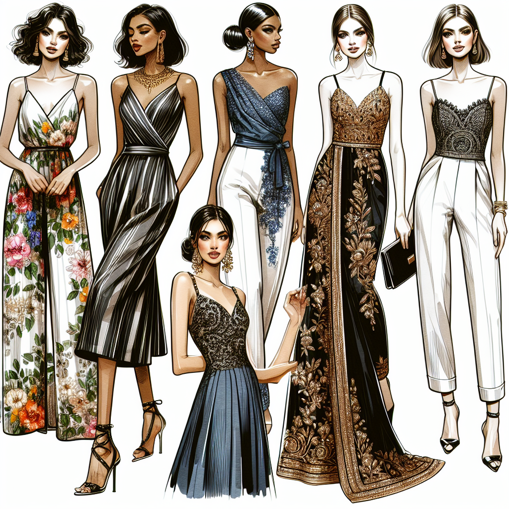 Think of several elegant wedding guest dresses presenting a variety of styles. The first one, a summery maxi dress with floral patterns, suitable for an outdoor ceremony. The second, a classic black cocktail dress for a formal evening affair, worn by a Middle-Eastern woman. The third, a playful jumpsuit with a vibrant color, modelled by a Black woman. Fourth, a traditional saree adorned in rich, metallic embroidery, as worn by a South Asian woman. And finally, a chic, minimalist white dress with structured lines, worn by a Caucasian woman, perfect for a modern, city-based event.