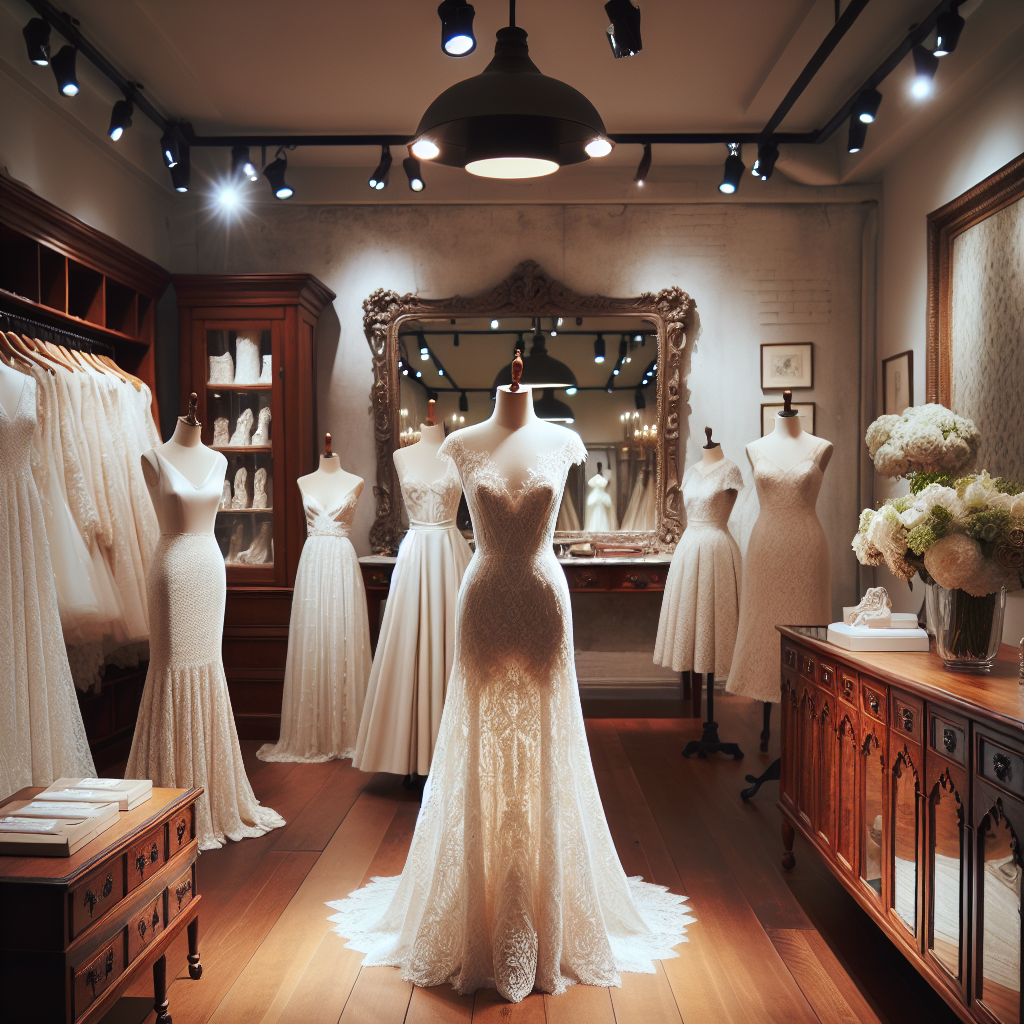 Imagine a scene inside an upscale boutique dedicated to wedding attire. Focus on a variety of elegant guest of wedding dresses displayed on mannequins of different descents and genders. Among this assortment, envision a beautiful white lace dress radiating under the soft shop lights, catching every viewer's attention. The store has hardwood floors, antique display cabinets containing accessories, And a large mirror on the wall reflecting the beauty of the dresses. The atmosphere in the boutique is serene and cozy, promising a satisfying shopping experience for its visitors.
