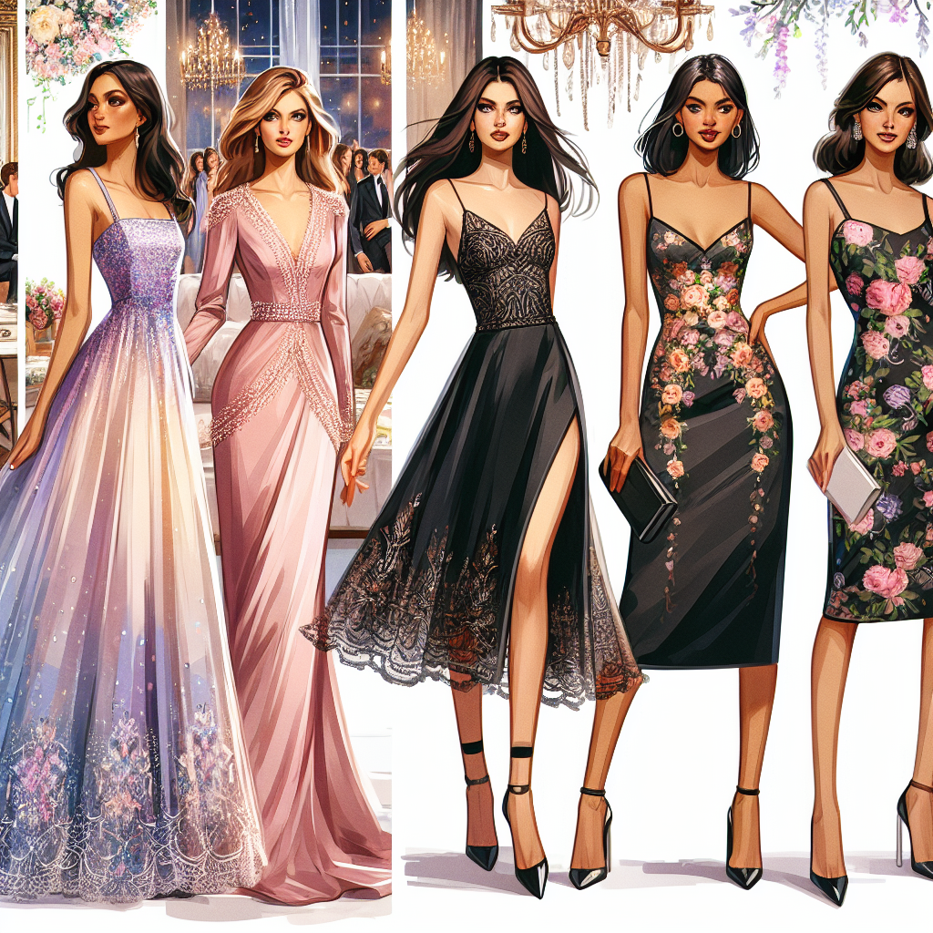 Picture this: various dresses perfect for attending an upscale event as a guest. Imagine in the forefront, a midsomer evening-inspired long, flowy dress in pastel colors, detailed with beaded lace for a South Asian woman. Next to it, a sleek knee-length black dress with asymmetric cut for a Caucasian woman. In the same scene, a floral print bodycon dress for an Hispanic woman, conveying the confidence and style of the wearer. In the background, a diverse set of people adorning such dresses with a touch of their unique personalities, all radiating effortless style.