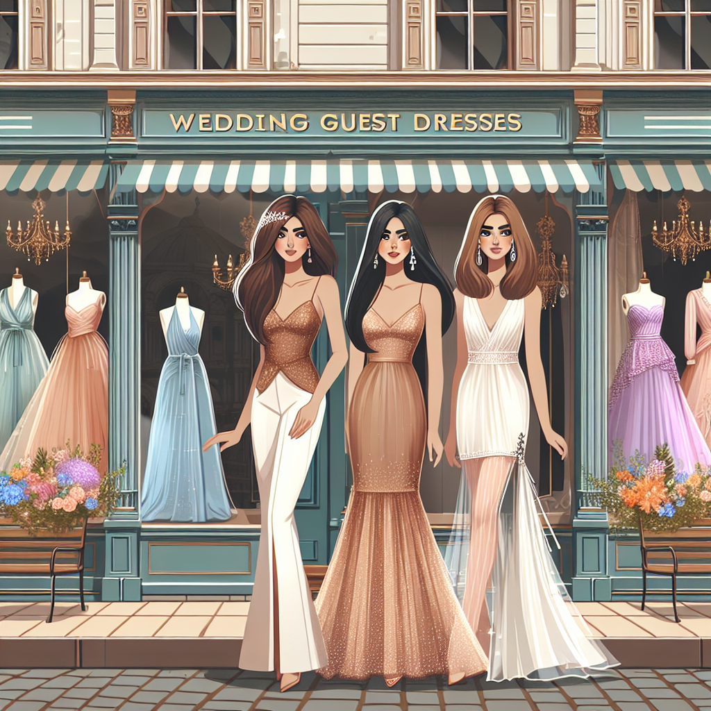An exclusive guide that features the best shops for finding the most stunning wedding guest dresses. The scene shows three fashionably dressed women of different descents: a Hispanic woman, a Middle-Eastern woman and a South Asian woman, each showcasing a different, stylish wedding guest dress. They stand in front of a row of beautifully decorated shops, with their windows displaying a multitude of breathtakingly elegant dresses. The shops have unique architectural styles that suggest they are from diverse locations around the world, emphasizing the range and quality of choices available.