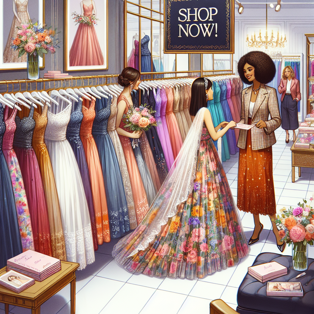 Must-Have UK Wedding Guest Dresses: Shop Now! Imagine a dazzling clothing store filled with a variety of wedding guest dresses, quintessential of the UK style. There are racks packed with classic British silhouettes, from elegant long gowns to sophisticated knee-length frocks. Each dress demonstrates a unique palette of colors and patterns. The fabrics range from premium silk to lustrous satin and delicate lace. There's a charming saleswoman, a Black woman with curly hair, who is assisting a South Asian female customer in selecting a dress. The customer is browsing through a versatile collection of floral prints, pastels, and jewel tones. There's a large, stylish sign 'Shop Now!' hanging in the store.