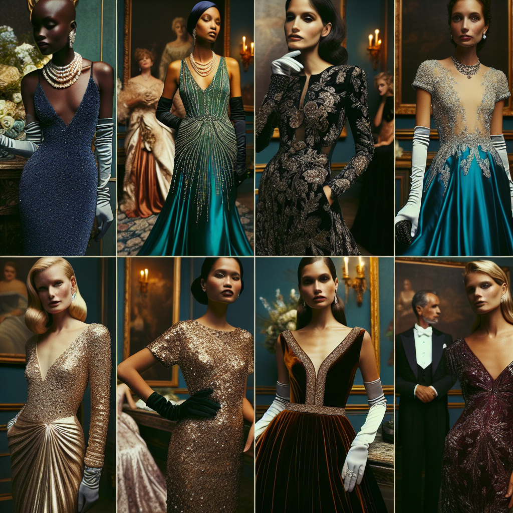 Picture an opulent setting filled with diverse attendees at a formal wedding. Focus on an eclectic mix of five wedding guest dresses. One is a rich sapphire blue gown worn by a Black woman, adorned with elegant pearls and silk gloves. Second, imagine a South Asian woman in an emerald green cocktail dress with meticulously draped details. Thirdly, a Caucasian woman in a metallic gold sheath dress accented with shimmering sequins. Fourthly, a Middle Eastern woman in a flowing velvet burgundy maxi dress. Lastly, a Hispanic woman in a classic black and white ballgown, gracefully balancing tradition and modernity.