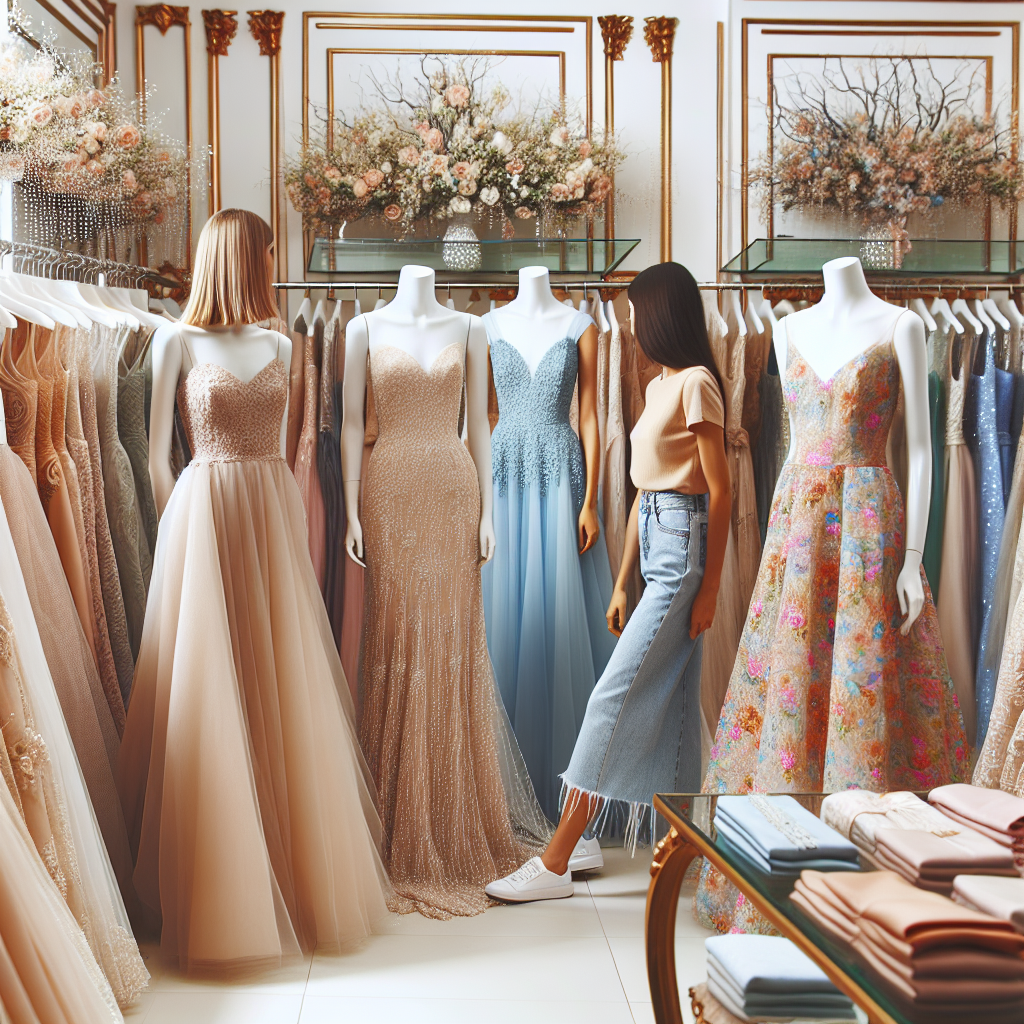 Picture a variety of stunning wedding guest dresses displayed in an elegant boutique. These dresses are available for rent. Divide the collection into three groups. The first group includes formal long gowns in pastel colors, suitable for an evening wedding ceremony. The second is a collection of chic cocktail dresses in bold tones, perfect for a semi-formal day. Lastly, the third group features light and airy summer dresses in floral prints, ideal for a relaxed beachside wedding. Within this exquisitely arranged shop, there are female patrons of different descents like Hispanic, Middle-Eastern and Asian exploring their options.