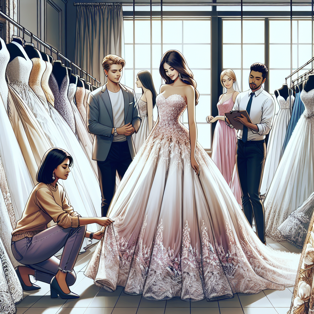 Imagine a beautiful fashion boutique, where an array of stunning wedding dresses are displayed. A Hispanic woman is inspecting a silk dress with an A-line silhouette, while a Middle-Eastern man is admiring a mermaid-style dress in chiffon. Meanwhile, a Caucasian lady is trying on a ball gown style dress, capturing the attention of everyone in the scene. An assistant of South Asian descent is meticulously adjusting the dress for the perfect fit. The boutique is filled with assortments of lace, sequins, silk, and beads, each dress telling a story of elegance and finesse.