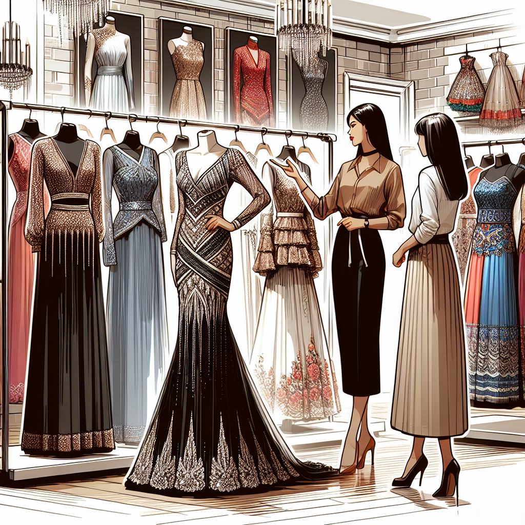 Find Stunning Wedding Guest Dresses Easily Visualize a beautifully curated scene at a clothing boutique. It is filled with a variety of elegant wedding guest dresses from different styles and cultures. From a glamorous Black evening gown to an intricate South Asian sari, every piece of clothing is a piece of art. In the store, there are mannequins displaying these dresses. An Asian female sale assistant is standing nearby, offering suggestions to a Caucasian female customer. She's pointing towards a section of the store where mannequins display Middle-Eastern Kaftans and Hispanic Flamenco dresses. Create this scene in a realistic style.