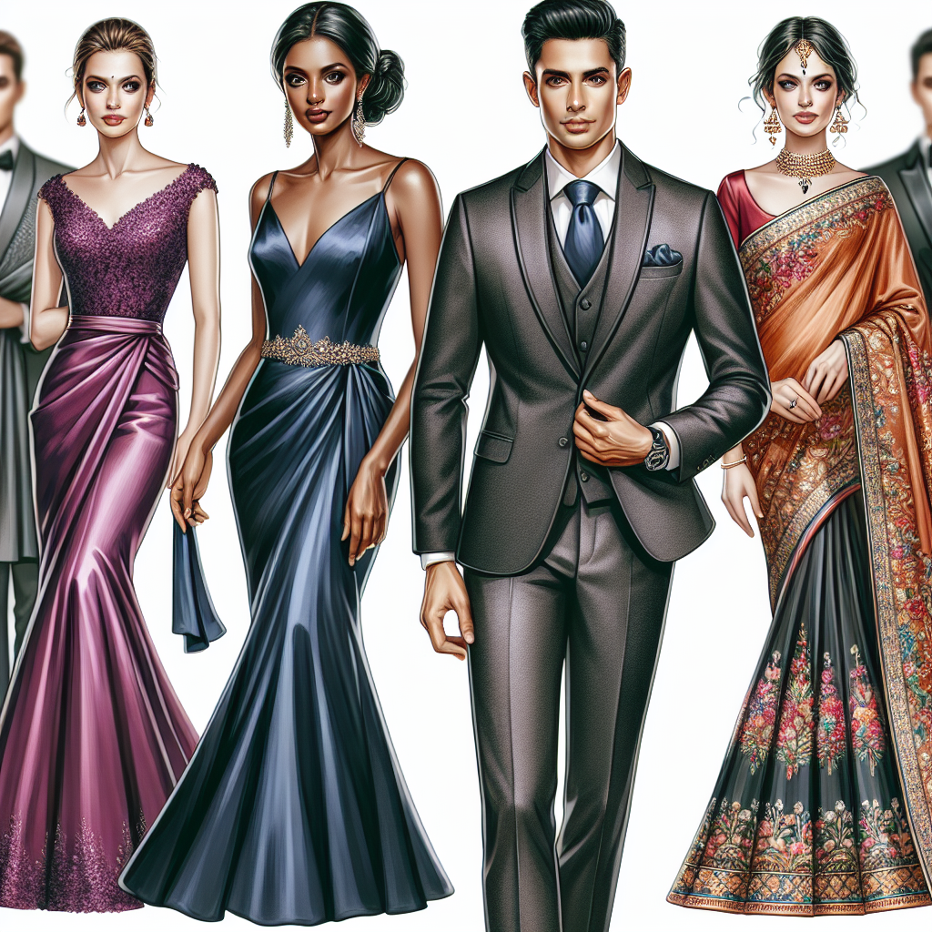 Discover Stunning Wedding Guest Dresses Here Imagine a variety of elegant wedding guest dresses displayed prominently. On one side, visualize a Black woman wearing a floor-length satin dress in a deep jewel tone, her hair styled in an elegant updo. On the other side, picture a Caucasian man wearing a sophisticated charcoal gray suit with a color-coordinated tie. In the center, imagine a South Asian woman in a vibrant, beautifully embroidered traditional saree. In the background, envision a diverse array of other wedding guest outfits suitable for different body types, tastes, and cultural contexts.