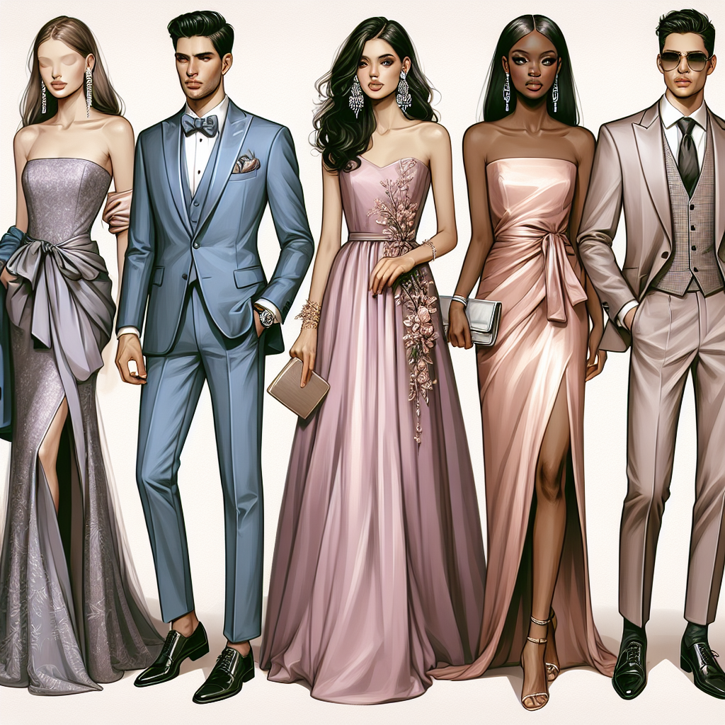 Discover Stunning Wedding Guest Dresses Here! Showcase a diverse array of stunning wedding guest attire, portraying their variety and elegance in great detail. Include the following: A long, lavender silk dress worn by a Caucasian woman with chandelier earrings; a stylish, Caribbean-blue suit sported by a South Asian man with a matching tie; a classy, rose-peach maxi dress showcased by a Black woman with a gold clutch bag; and a sleek, ash-grey tuxedo displayed by a Hispanic man with a silver pocket watch. Fill the image with an atmosphere of celebration, style, and joy representative of a wedding occasion.