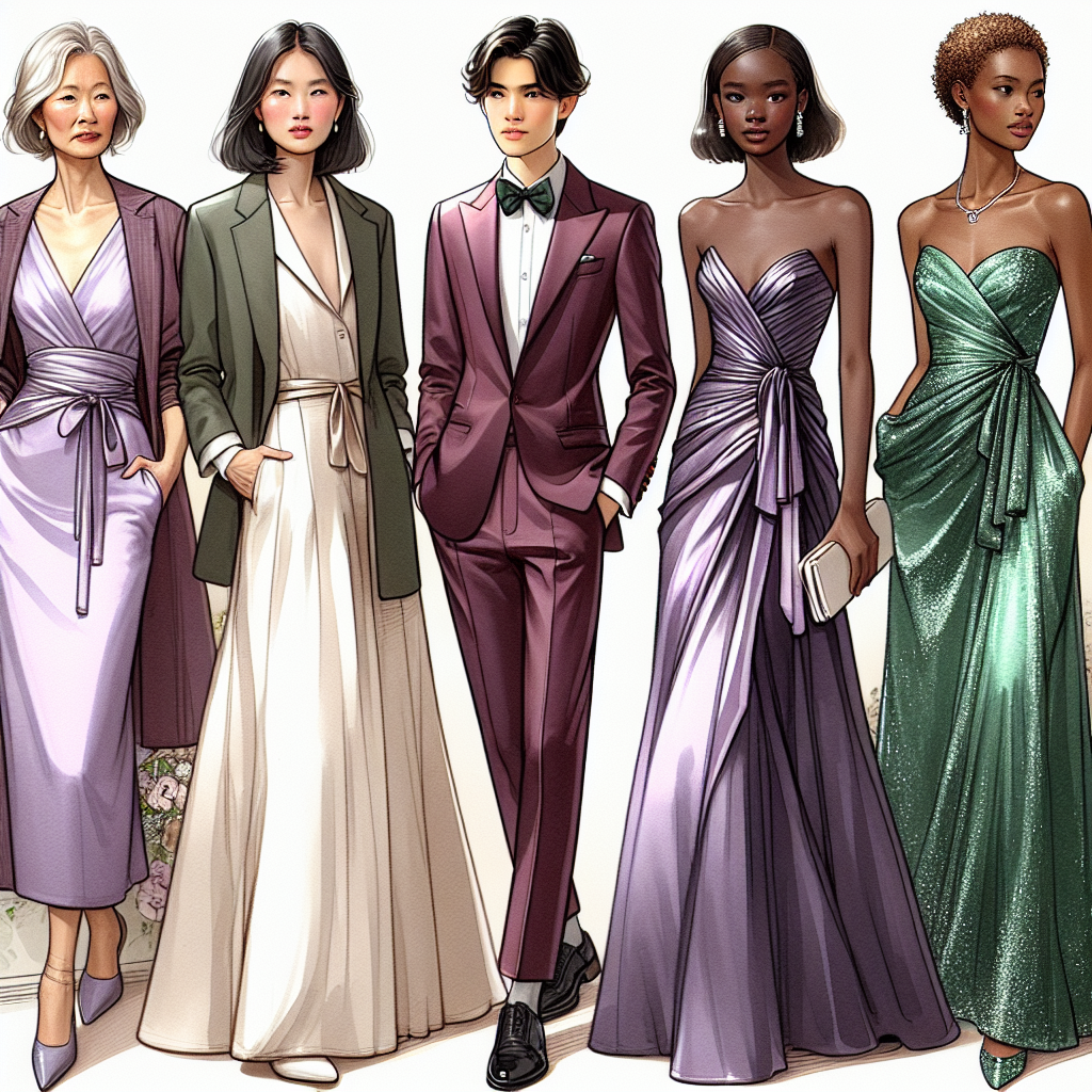 Imagine a fashion catalogue showcasing an array of stunning wedding guest dresses. Picture first, a mature East Asian woman in an elegant lavender midi dress with a soft silk material and a flattering A-line cut. Next, visualize a young Middle-Eastern man donning a tailored burgundy blazer over a crisp white shirt, paired with a pair of dark slim-fit trousers. Finally, imagine a Black woman in her late 20's in a dazzling emerald off-shoulder maxi dress draped in a glamorous satin fabric with a fashionable tie-waist detail. All these outfits should exude an effortless style.