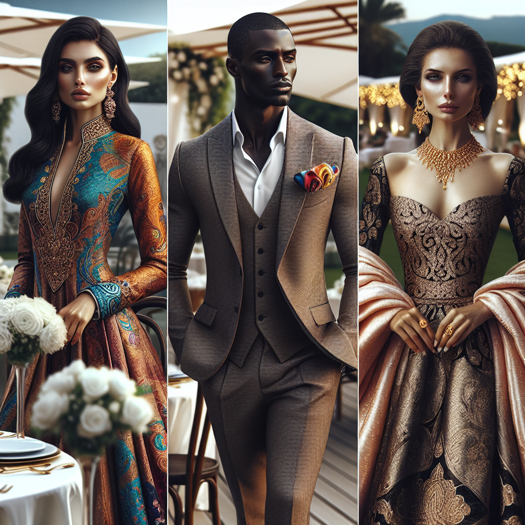 Find Stunning Wedding Guest Dresses | Exclusive Styles Imagine a collection of three sensual wedding guest dresses, presenting a variety of styles and colors. One is an elegant yet modern South Asian woman wearing a fashionable Indian kurta in rich jewel tones. The second, an athletic Black man, is wearing a tailored three-piece suit with a vibrant pocket square. Lastly, a mature Middle-Eastern woman in an elegant gele and boubou ensemble, complemented by intricate gold jewelry. All set against a backdrop of a stylish wedding venue with decorated tables, outdoor awnings, and white floral arrangements.
