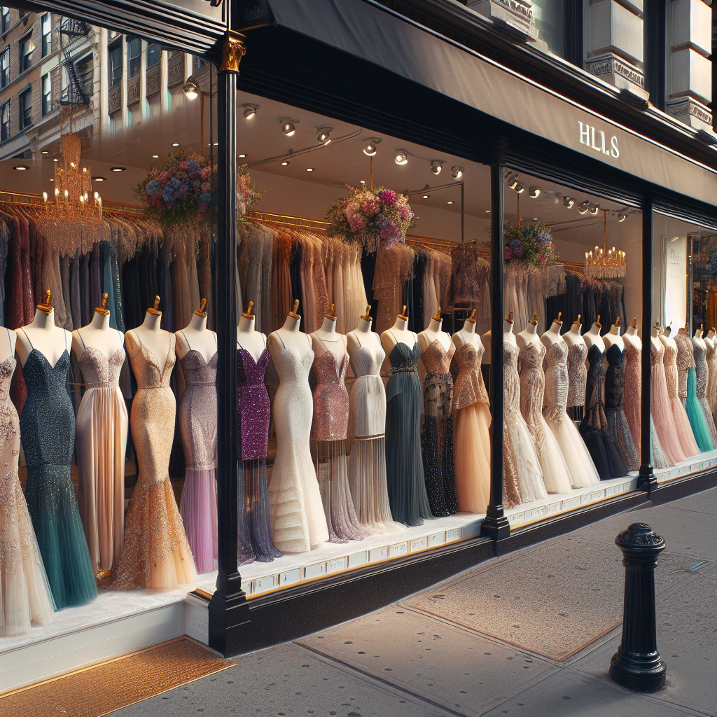 Must-Have Wedding Guest Dresses in NYC: Find Yours! Imagine the bustling streets of New York City lined with chic boutiques displaying a variety of wedding guest dresses. We see a collection of luxurious, elegant gowns in different styles - body-con, flared, empire waist, and more - presented on mannequins. There are various colors to choose from, ranging from cool pastels to deep jewel tones. Each is beautifully adorned with intricate details such as lace work, sequins, and beads, paired perfectly with matching accessories like clutches and heels. A sign outside each boutique invites passerby to 'Find Your Perfect Wedding Guest Dress Here!'